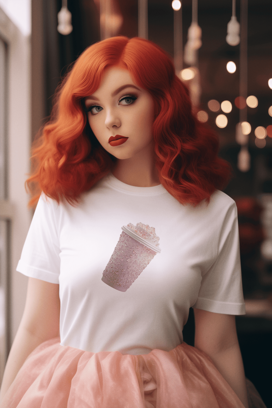 Girl wearing white cotton Shake It Baby women’s t-shirt from The Edi Archive, featuring a pink milkshake with rhinestone glaze in coquette-core aesthetic.
