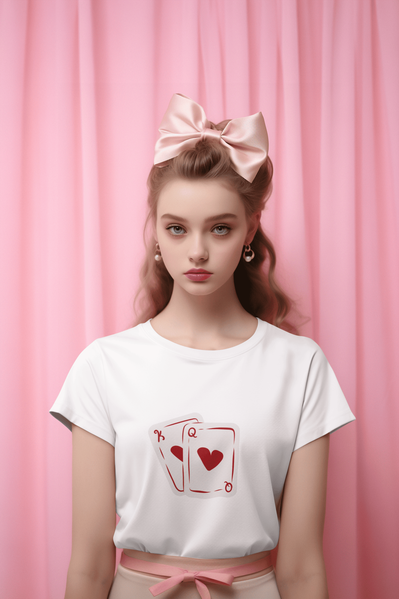 Girl wearing white King N Queen women’s t-shirt from The Edi Archive, featuring soft pink coquette king and queen playing card illustrations.

