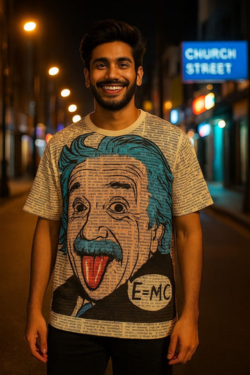 Man wearing an oversized t-shirt with a graphic design of a famous scientist Einstein from The Edi Archive on a city street at night.