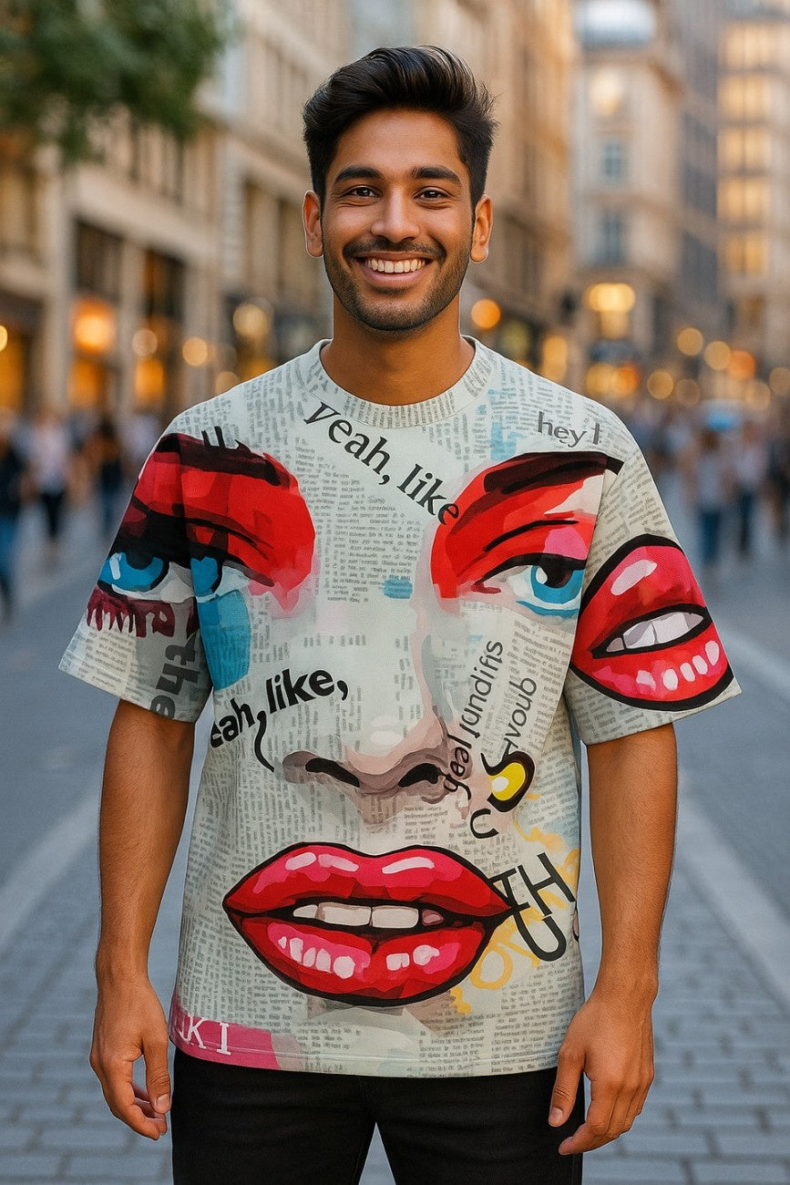 Person wearing a colorful t-shirt Eyes On You graphic t-shirt from The Edi Archive with graphic designs on a city street.