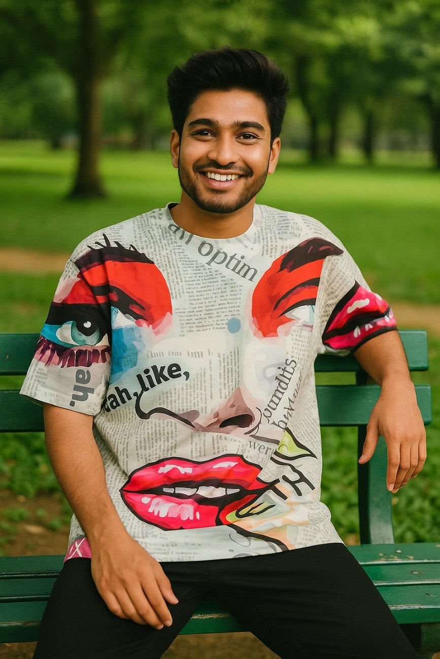 Man sitting on a green bench in a park wearing a colorful graphic t-shirt Eyes On You graphic t-shirt from The Edi Archive.
