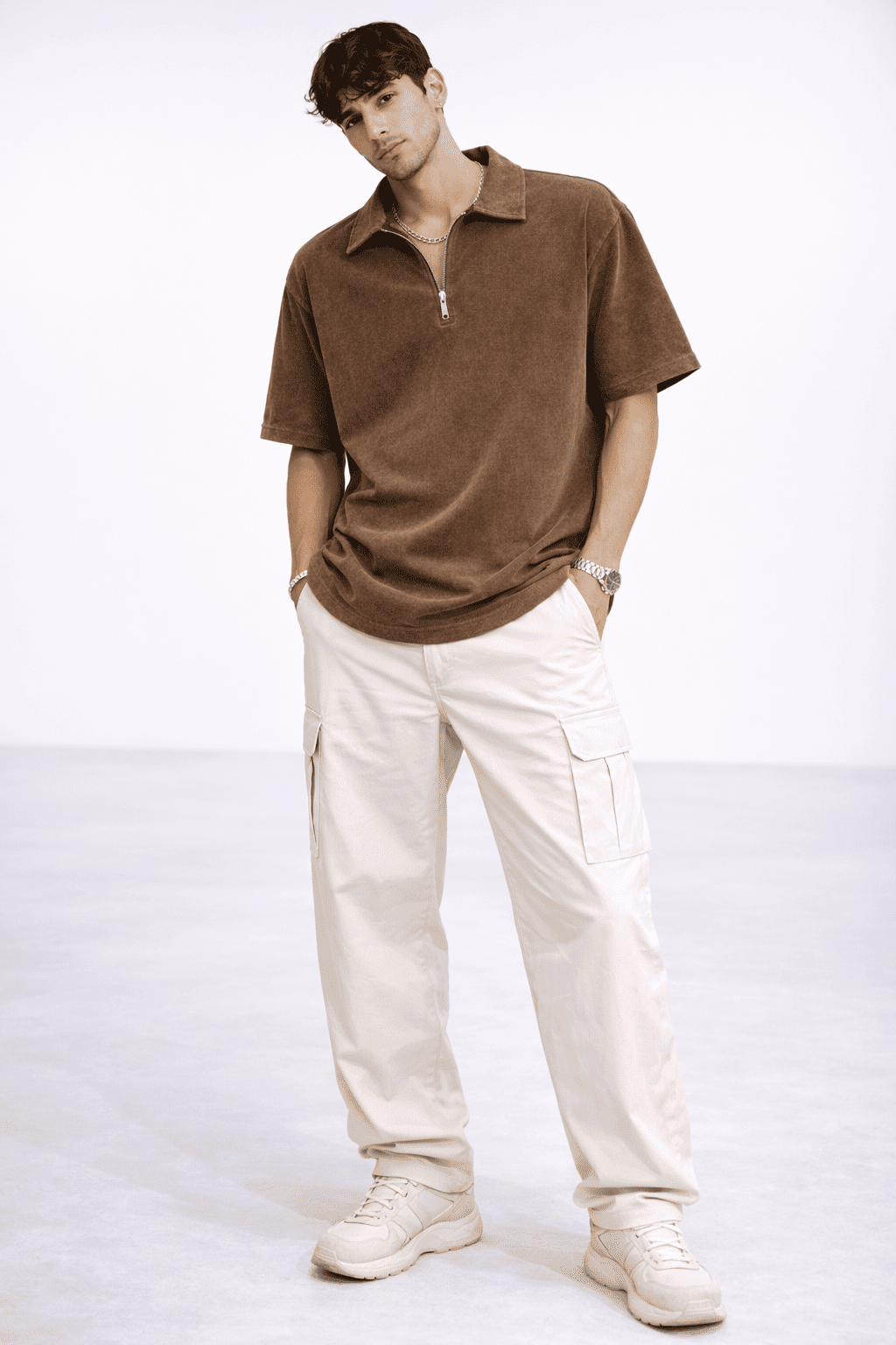 Model wearing the Rustic Roots Zipper Polo in Color Vintage Brown from The Edi Archive's Ctrl+Me Collection