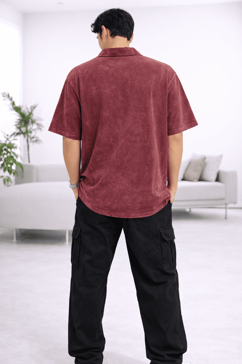 Model wearing the Rustic Roots Zipper Polo in Color Maroon from The Edi Archive's Ctrl+Me Collection - Back view