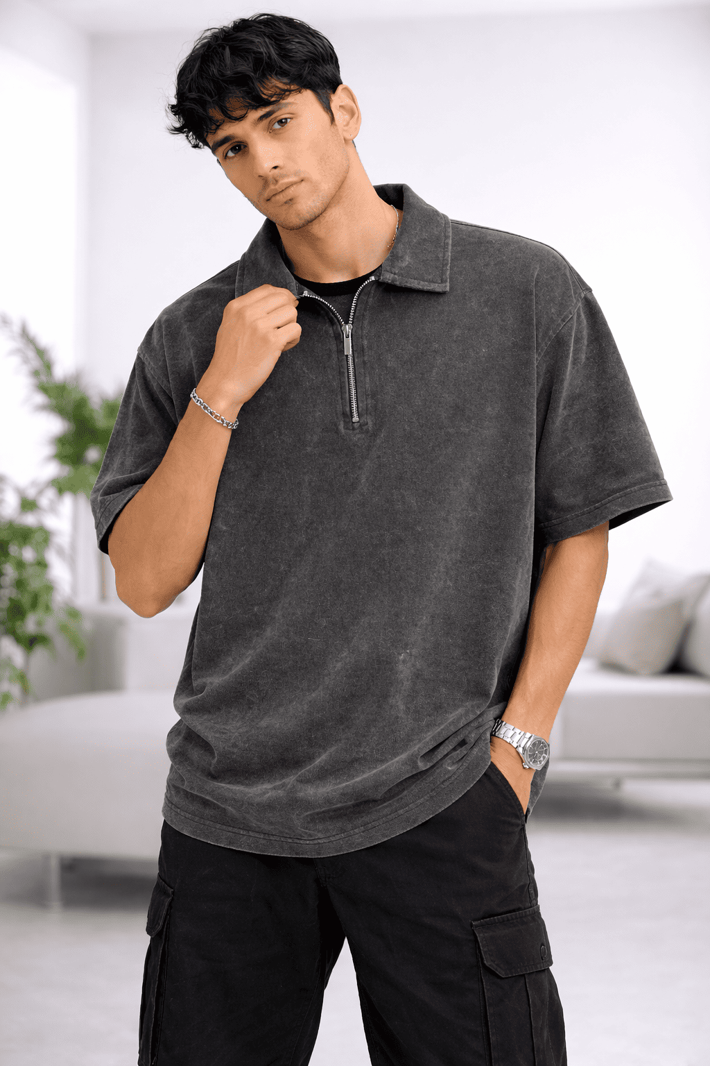 Model wearing the Rustic Roots Zipper Polo in Color Grey from The Edi Archive's Ctrl+Me Collection