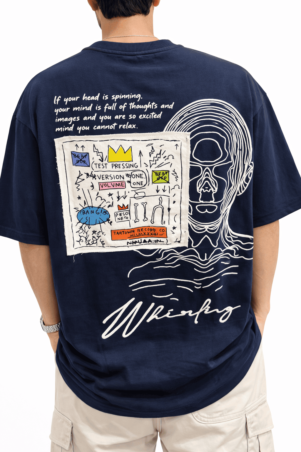 Model in Navy Whirling Unisex Puff Oversized T-Shirt from The Edi Archive's - Ctrl+Me collection - Back close up view