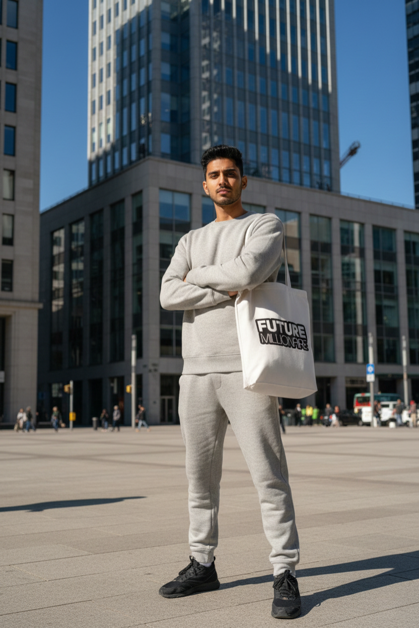 A man holding the Future Millionaire Tote by The Edi Archive
