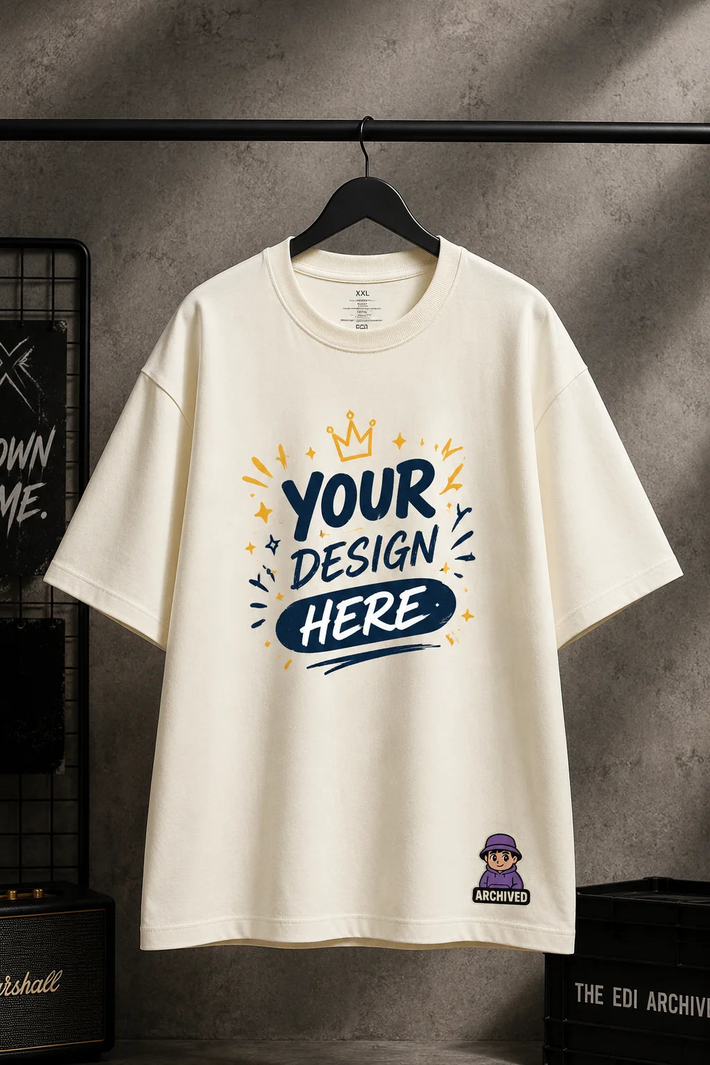 Off White Custom French Terry Oversized Unisex T-Shirt with personalized graphic print from the Custom Archive Collection by The Edi Archive displayed on hanger
