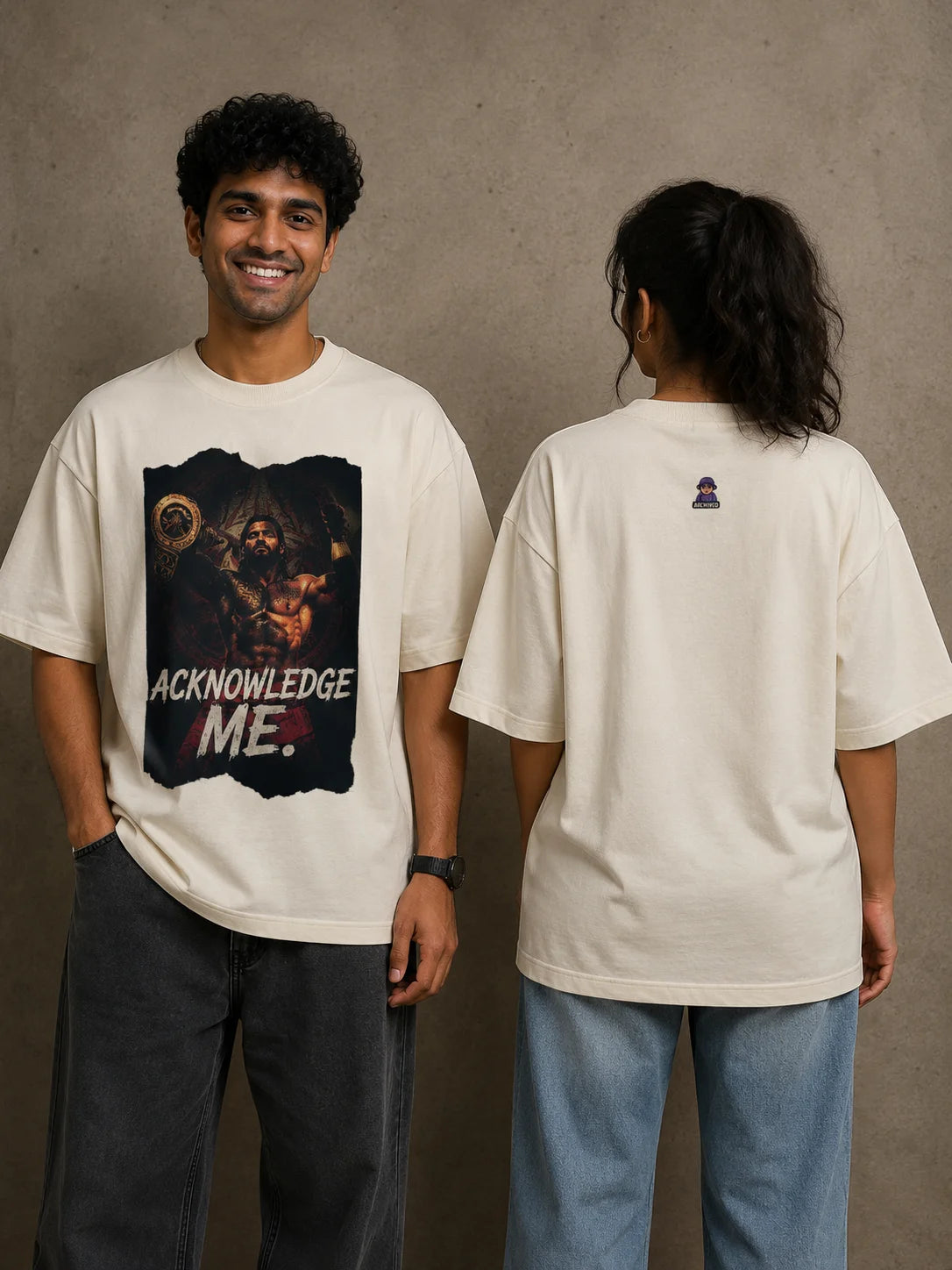 Off White Custom French Terry Oversized Unisex T-Shirt with personalized graphic print from the Custom Archive Collection by The Edi Archive displayed on hanger