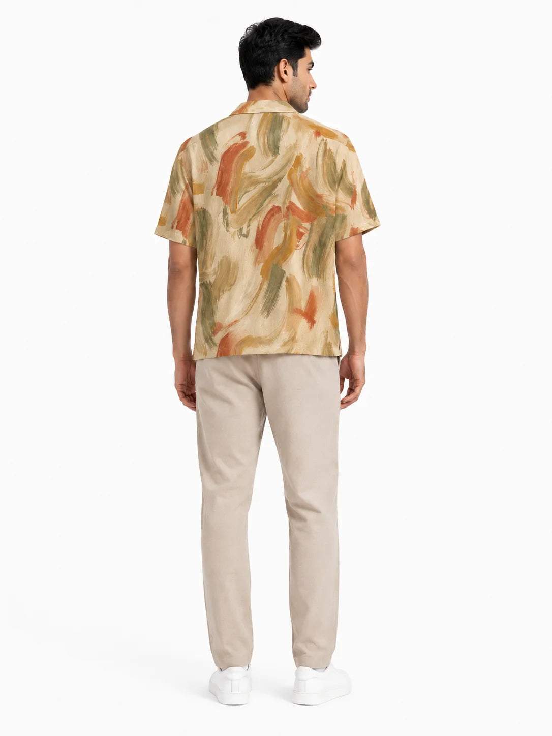 Faded Fresco men's Cuban collar half sleeve printed shirt, back view showing all-over painterly brushstroke artwork, The Soft Launch collection by The Edi Archive