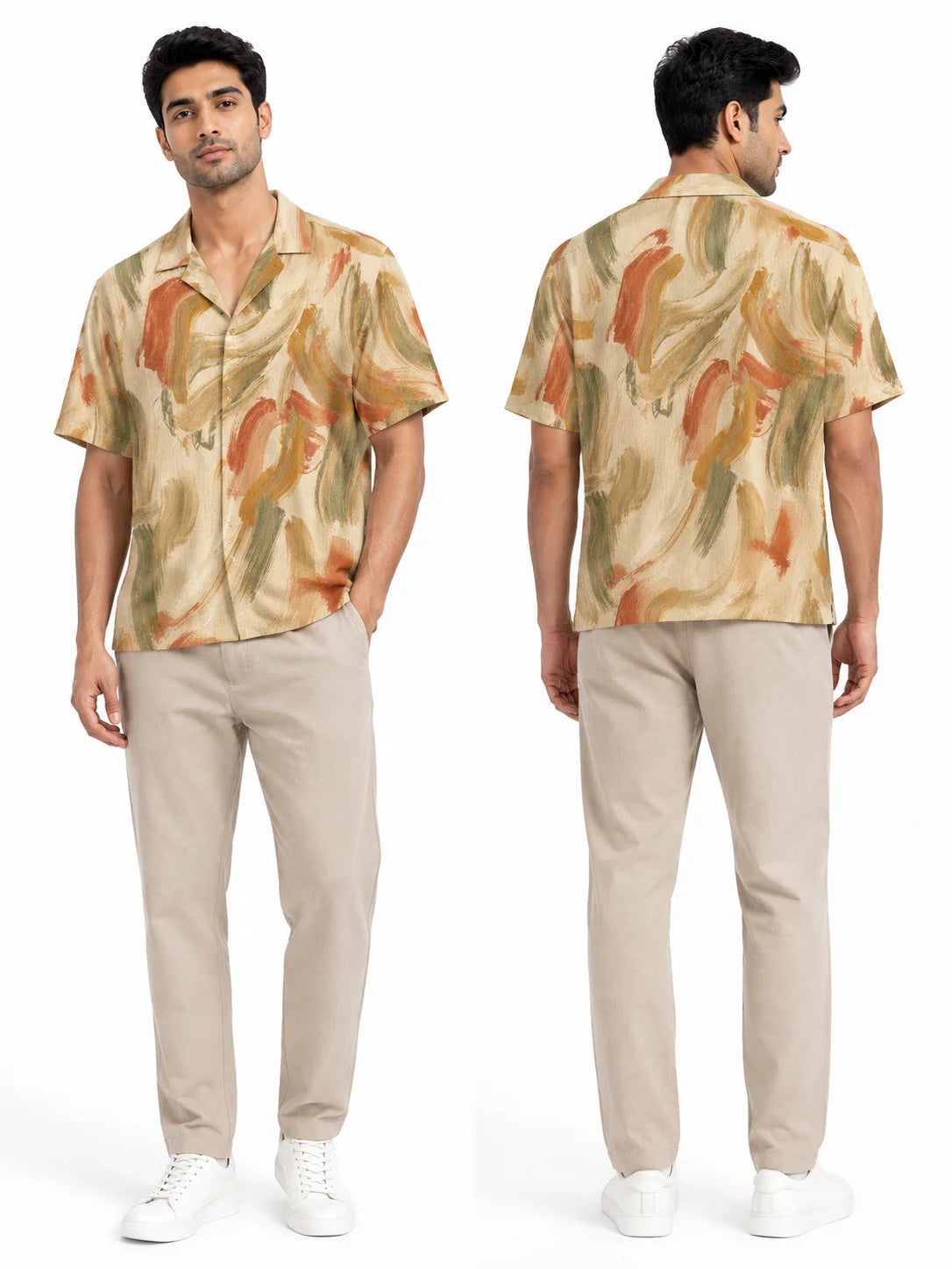 Faded Fresco oversized Hawaiian style camp collar shirt, front and back view of the full abstract brushstroke print, The Soft Launch collection by The Edi Archive