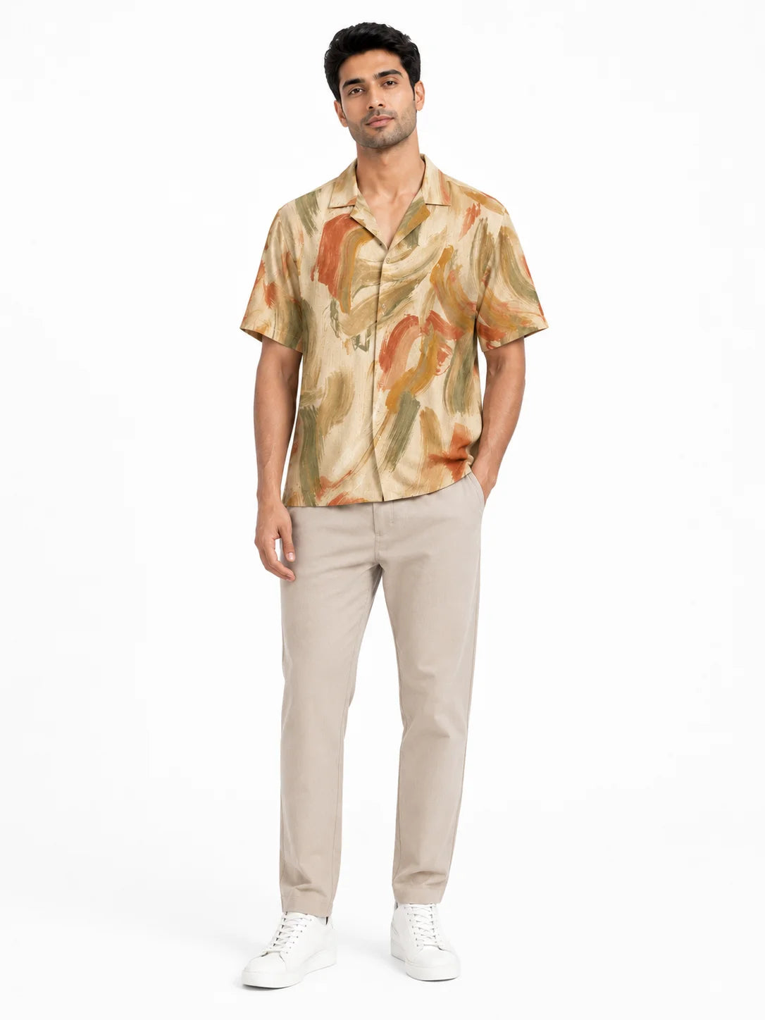 Faded Fresco abstract brushstroke print camp collar shirt in earthy terracotta, olive and ochre tones, front view, from The Soft Launch collection by The Edi Archive