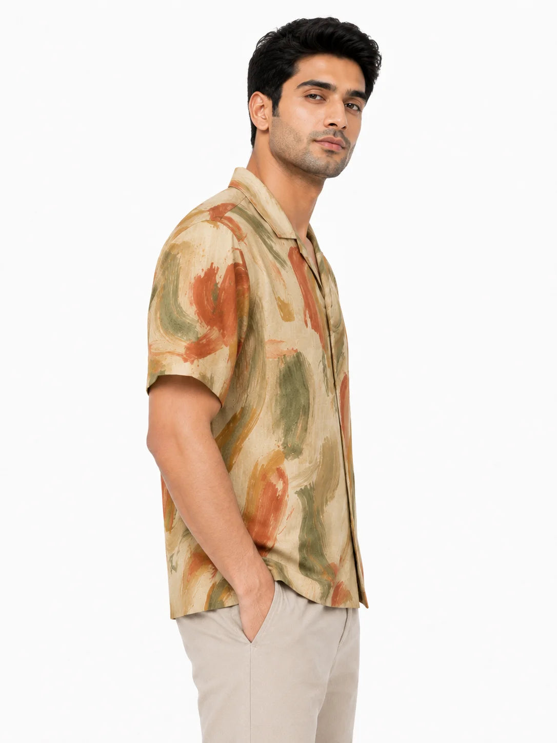 Faded Fresco men's resort shirt with abstract fresco-inspired print, right side view, The Soft Launch collection by The Edi Archive