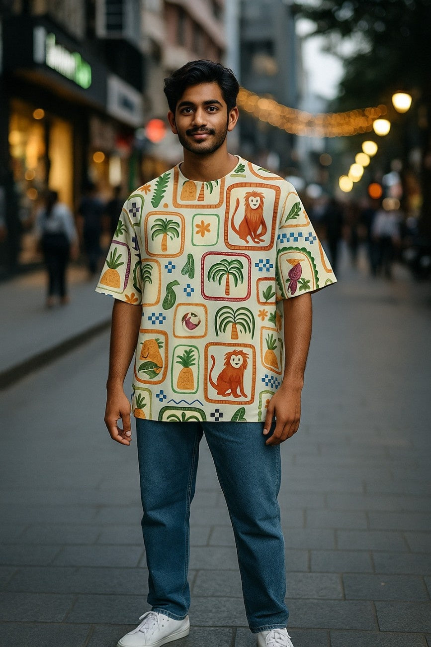 Man wearing a colorful Flora and Fauna Unisex Oversized T-Shirt from The Edi Archive,  on a city street