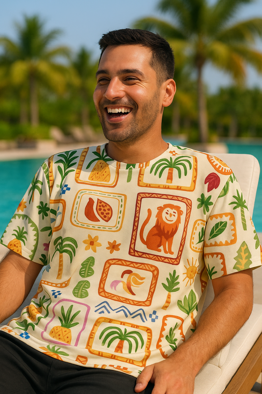 Man wearing a Flora and Fauna Unisex Oversized T-Shirt from The Edi Archive,  sitting by a pool with palm trees in the background