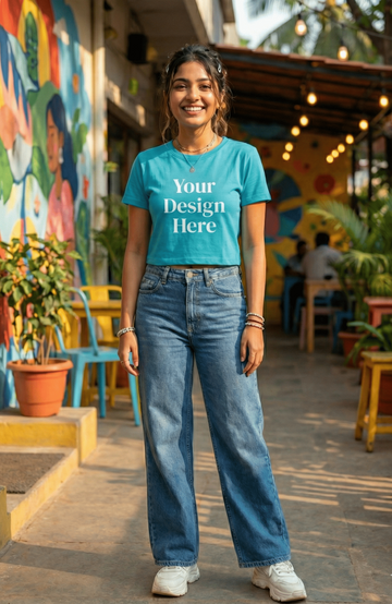 Person wearing a blue t-shirt with 'Your Design Here' text in an outdoor setting of the Custom Archive collection of The Edi Archive.