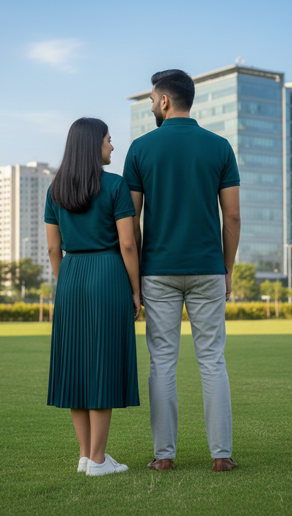 Man and woman in matching green Polos back view from the Custom Archive collection from The Edi Archive - Customize Your Polo 