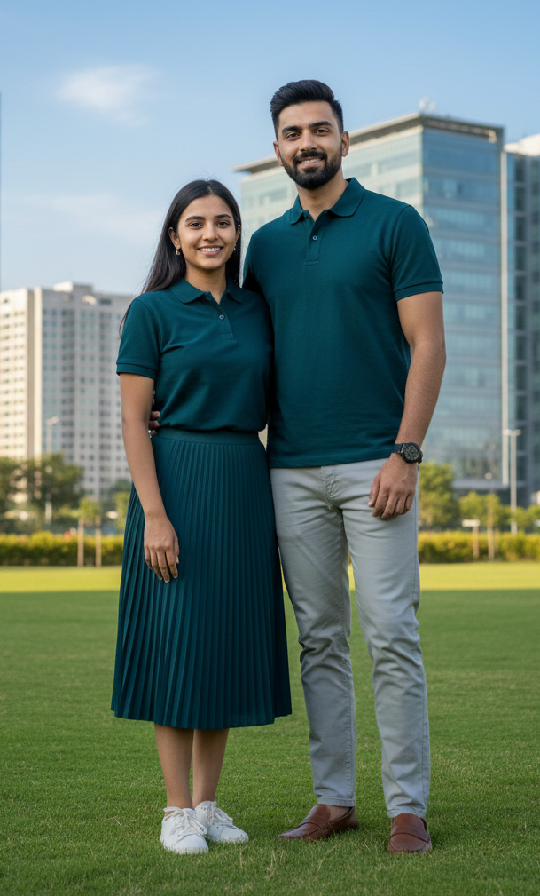 Man and woman in matching green Polos from the Custom Archive collection from The Edi Archive - Customize Your Polo 