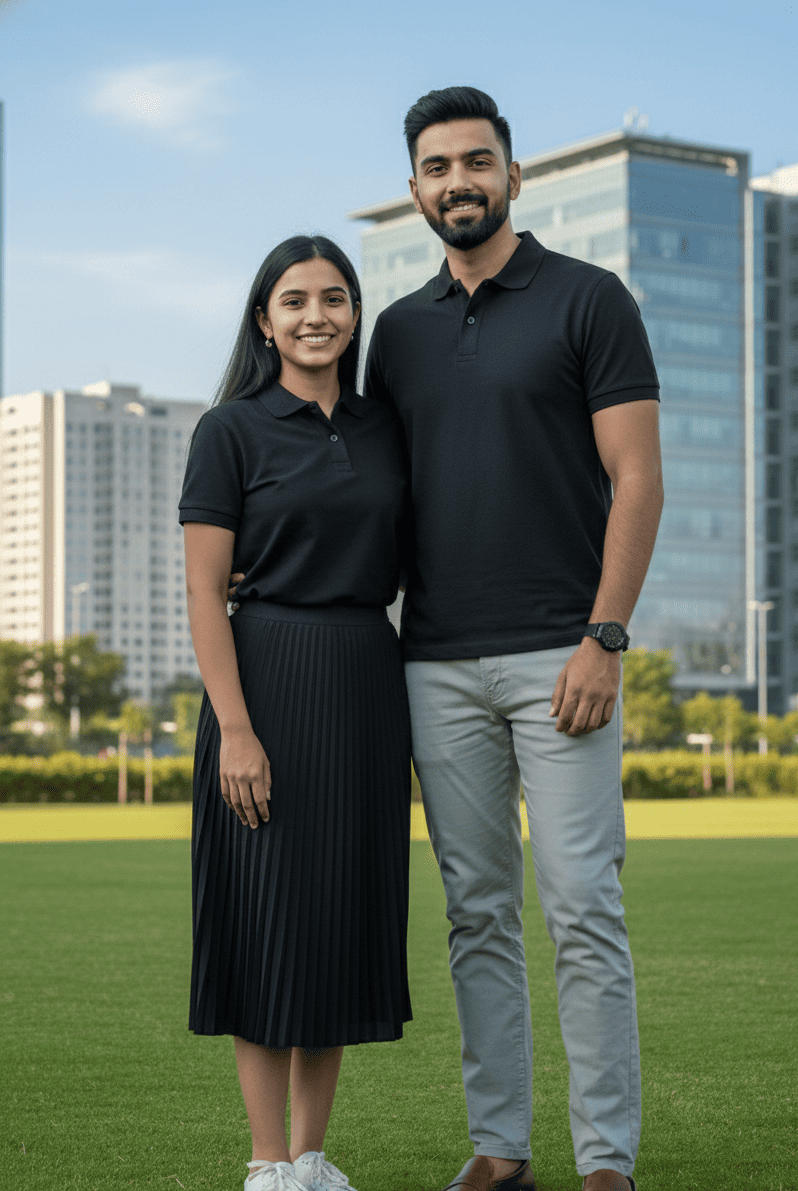 Two people in matching black polo shirts from Customize Your Polo - Custom Archive Collection from The Edi Archive