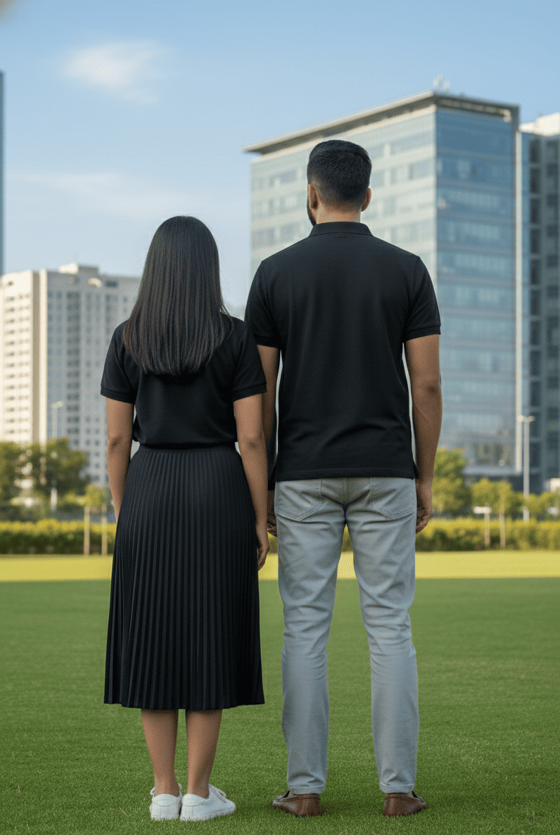 Two people in matching black polo shirts from Customize Your Polo - Custom Archive Collection from The Edi Archive