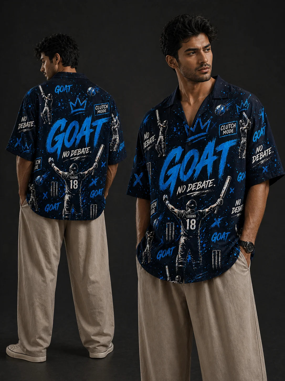 GOAT Mode Oversized Cricket Shirt Blue Front and Back Model View Men Loudmouths Collection The Edi Archive