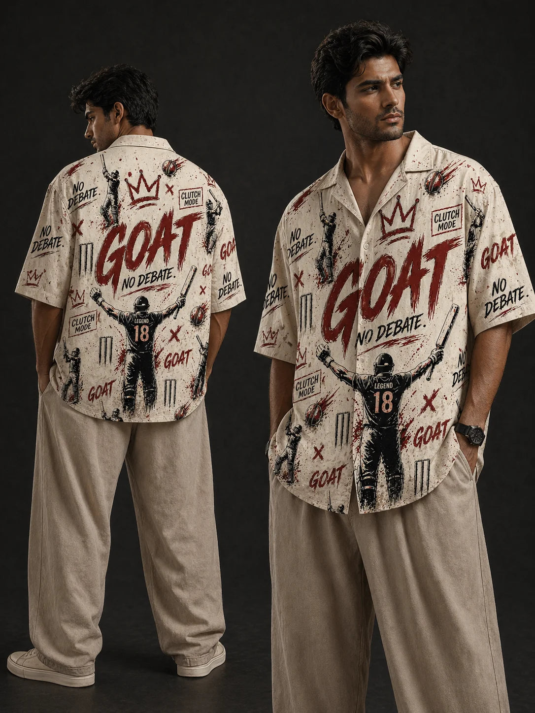 GOAT Mode Oversized Cricket Hawaiian Shirt Cream Front and Back View Men Loudmouths Collection The Edi Archive