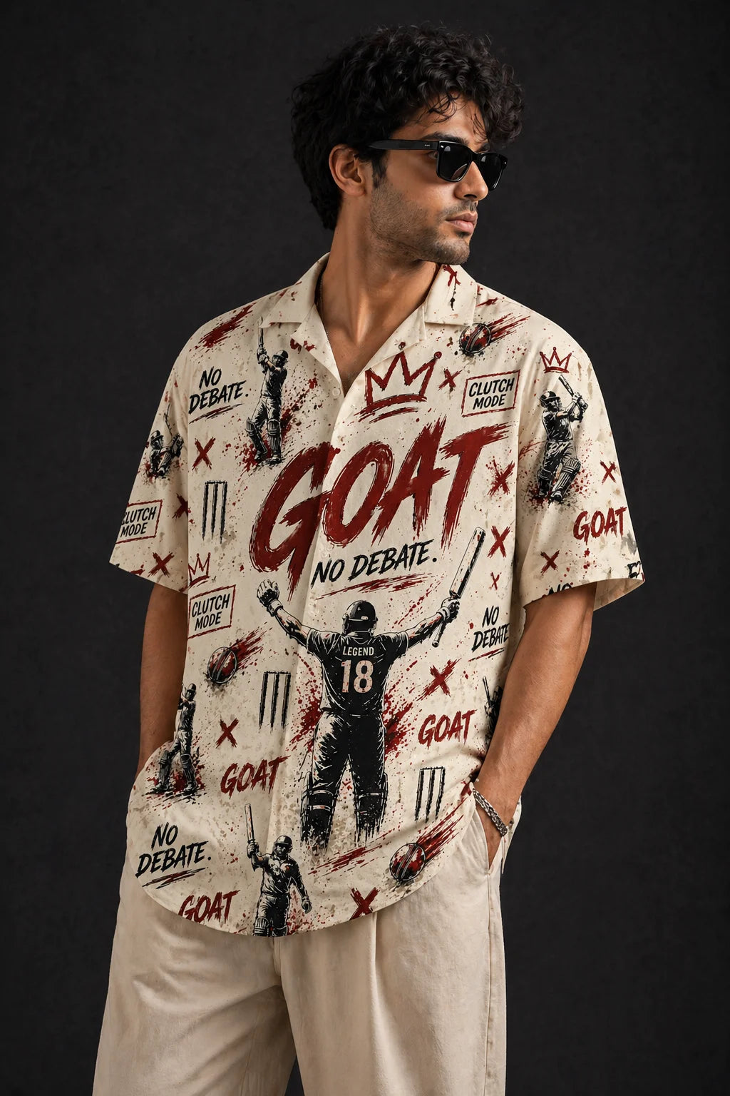 GOAT Mode Cricket Graphic Shirt Cream Front Detail Oversized Fit Men Loudmouths Collection The Edi Archive