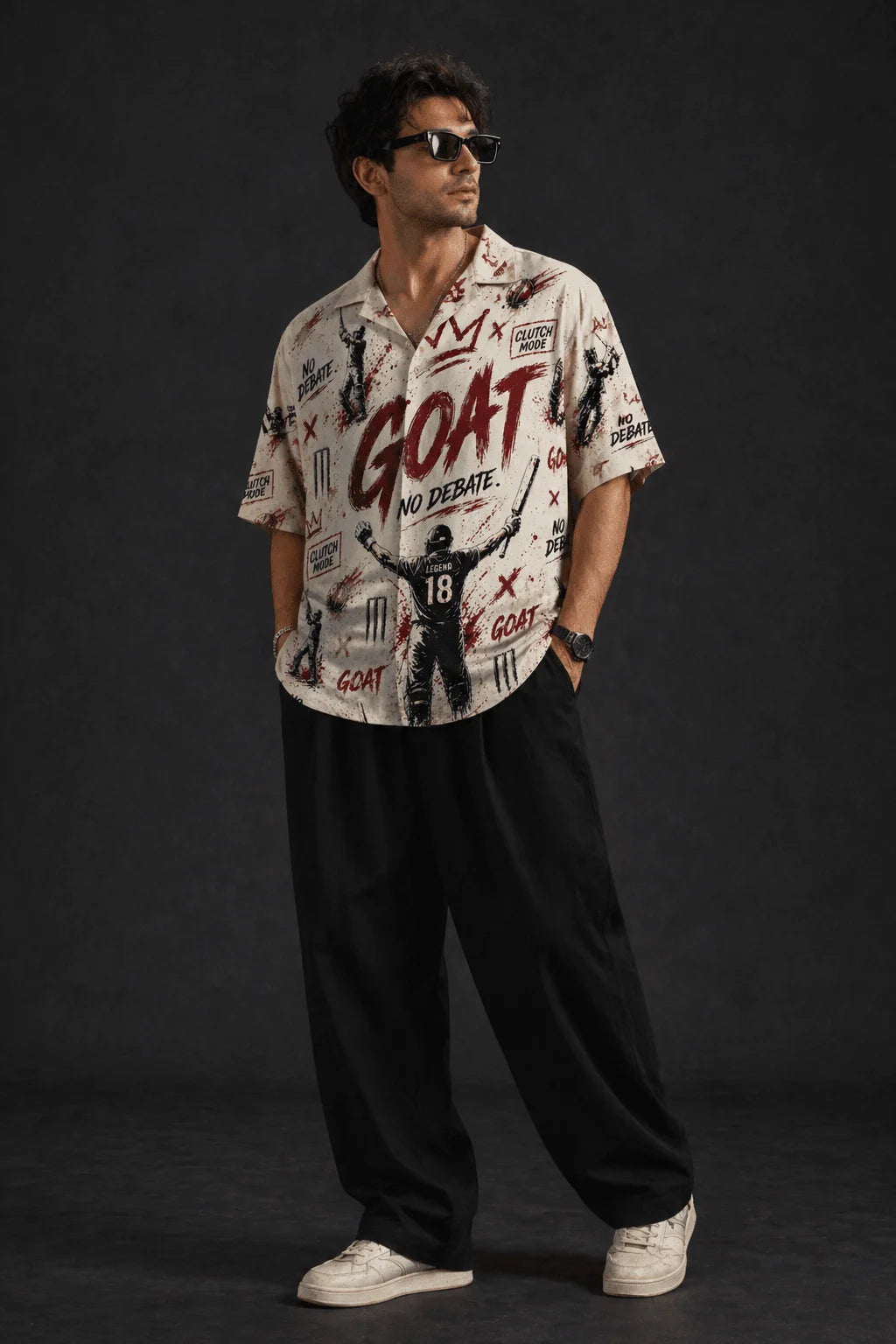 GOAT Mode Oversized Cream Cricket Shirt Full Length Model View Men Loudmouths Collection The Edi Archive India