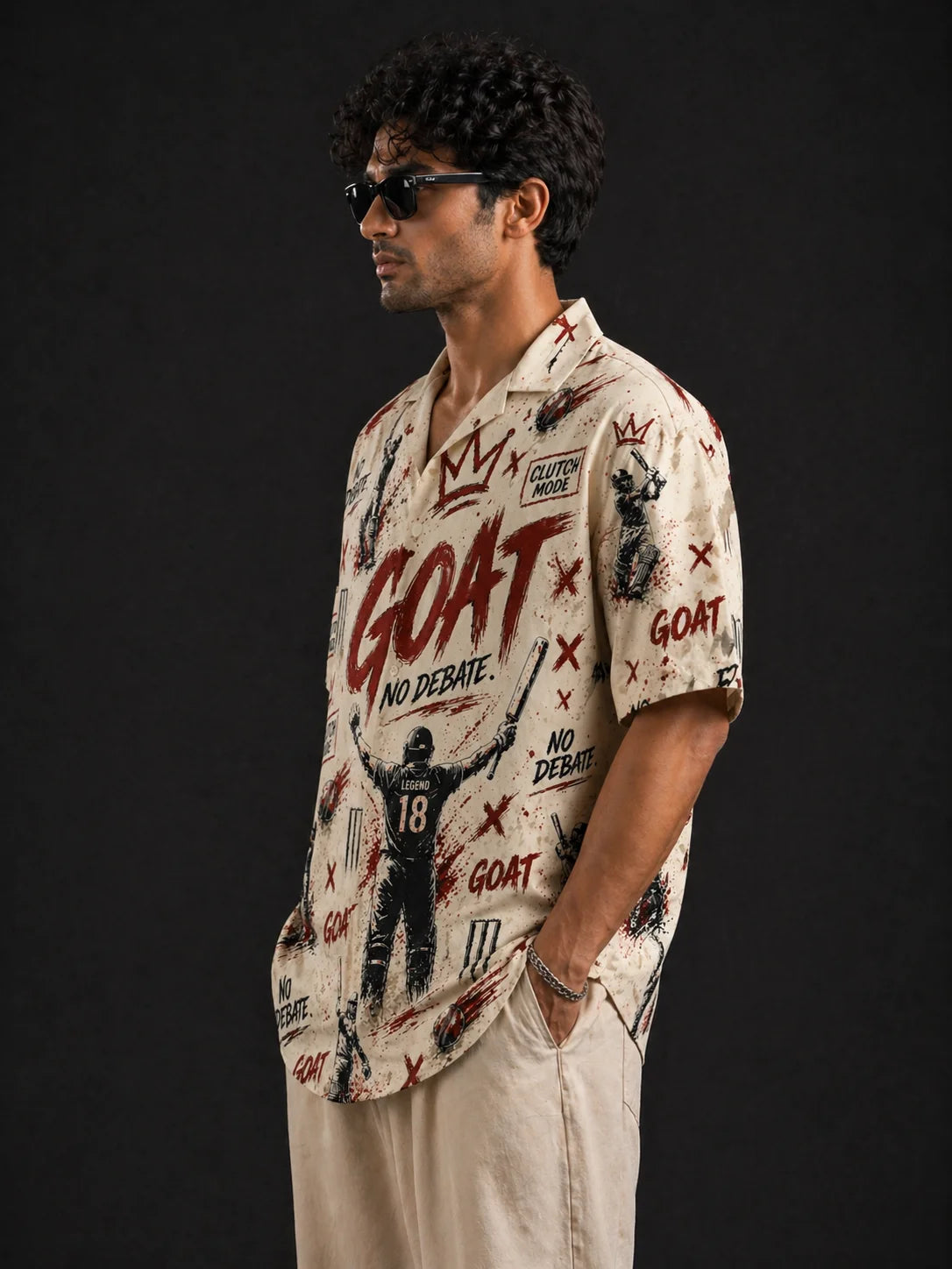 GOAT Mode Cream Cricket Hawaiian Shirt Left Angle View Oversized Fit Men Loudmouths Collection The Edi Archive