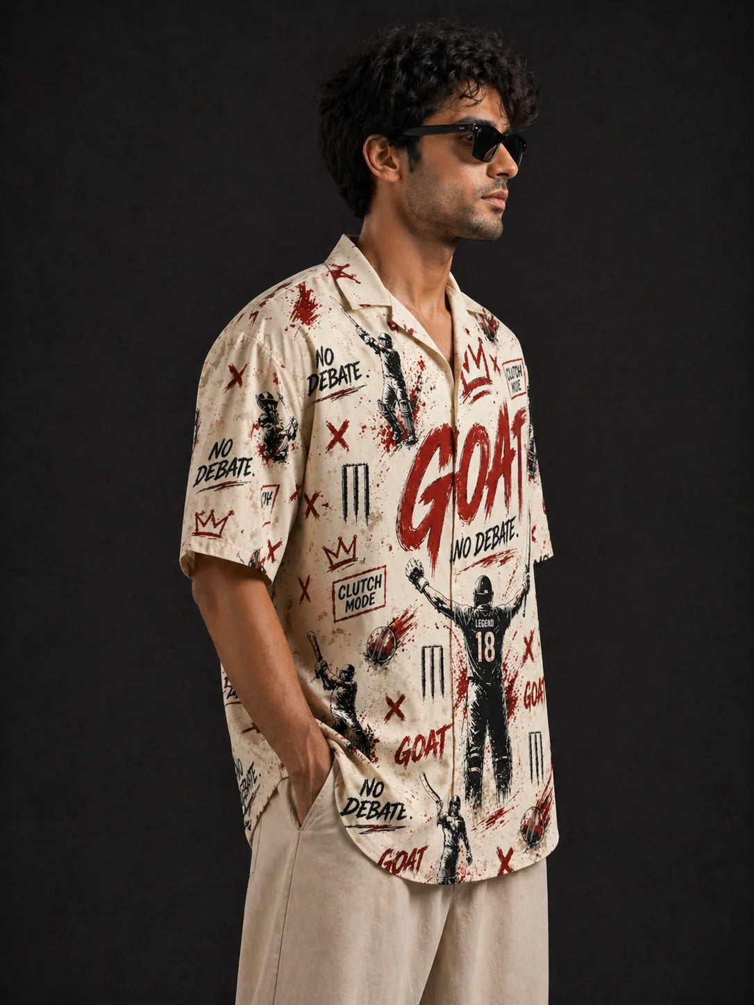 GOAT Mode Cream Cricket Graphic Shirt Right Side View Oversized Men Loudmouths Collection The Edi Archive
