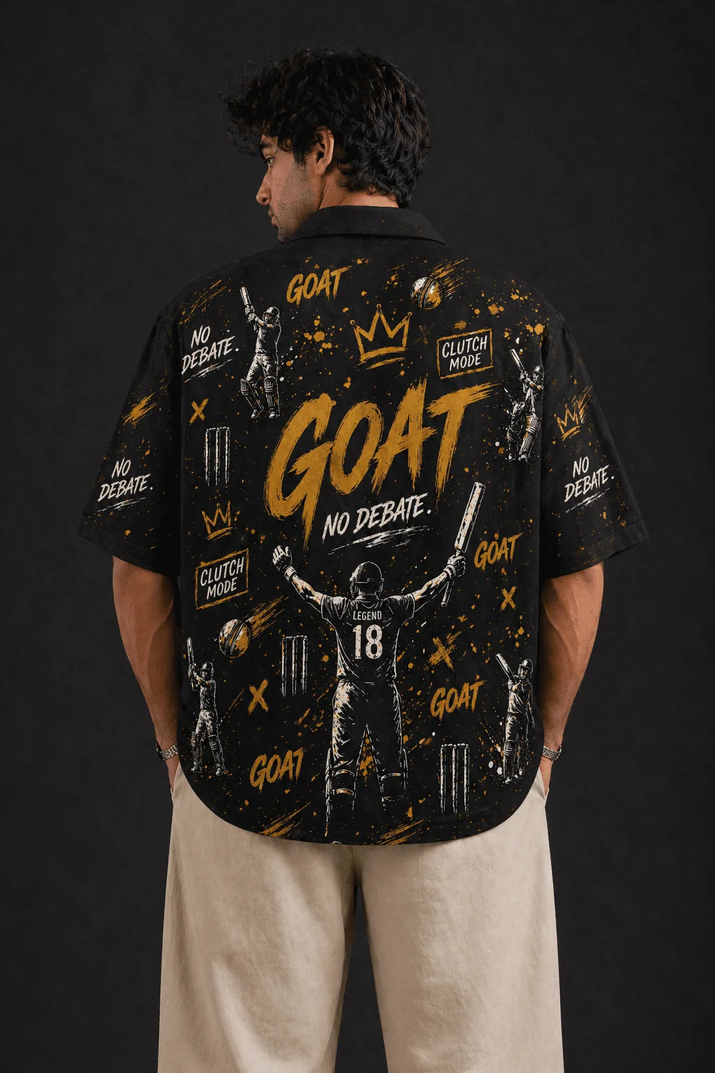 GOAT Mode Black Gold Cricket Hawaiian Shirt Back View Oversized Men Loudmouths Collection The Edi Archive