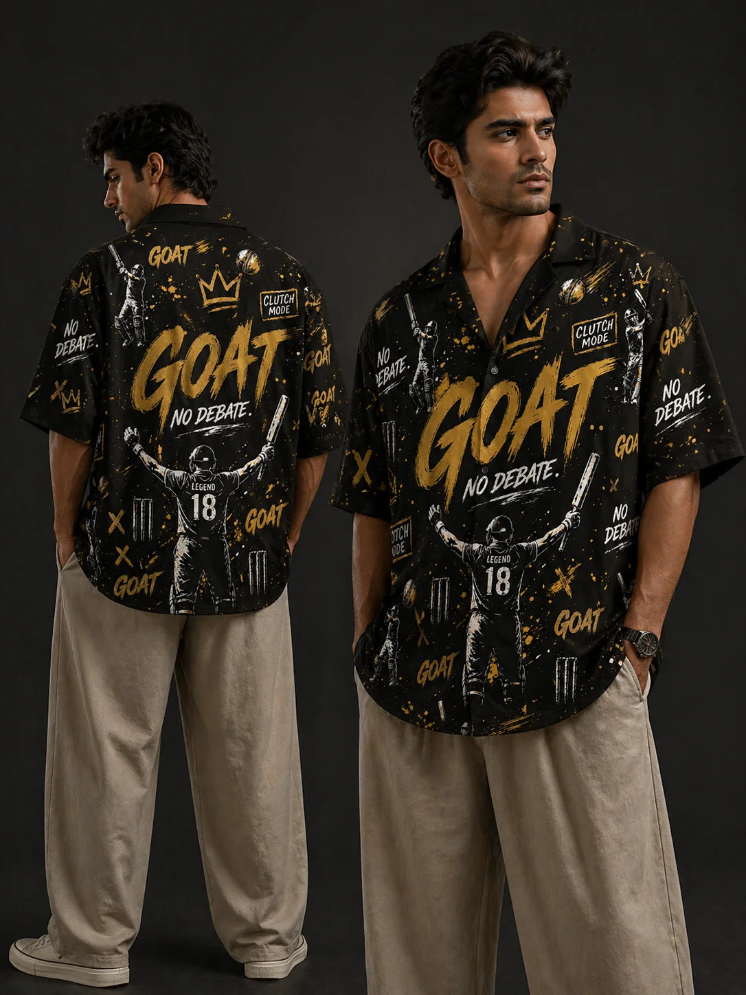 GOAT Mode Black Gold Oversized Cricket Shirt Front and Back Model View Men Loudmouths Collection The Edi Archive