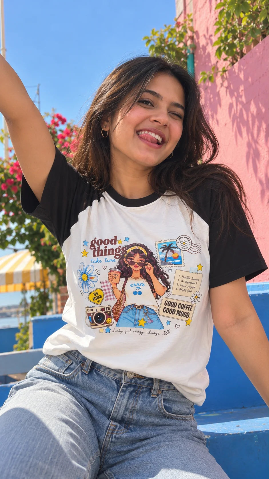 Good Things Take Time Ringer T-Shirt by The Edi Archive worn by a woman outdoors with illustrated summer graphic