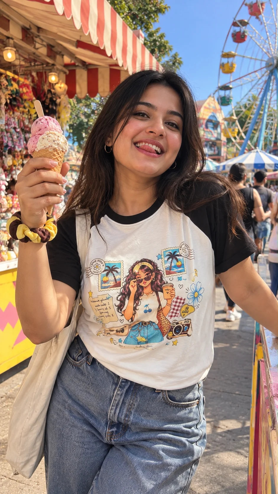 Good Things Take Time Ringer T-Shirt by The Edi Archive worn at a colourful outdoor fair with oversized graphic print