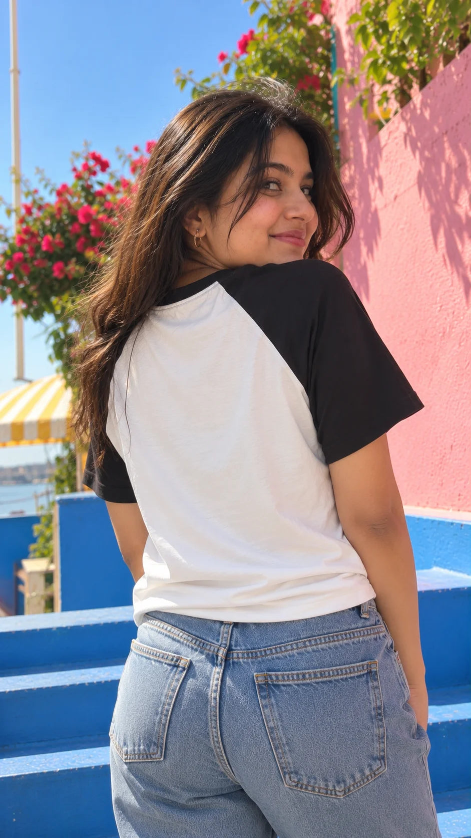 Good Things Take Time Ringer T-Shirt by The Edi Archive showing the back of the oversized white and black raglan tee