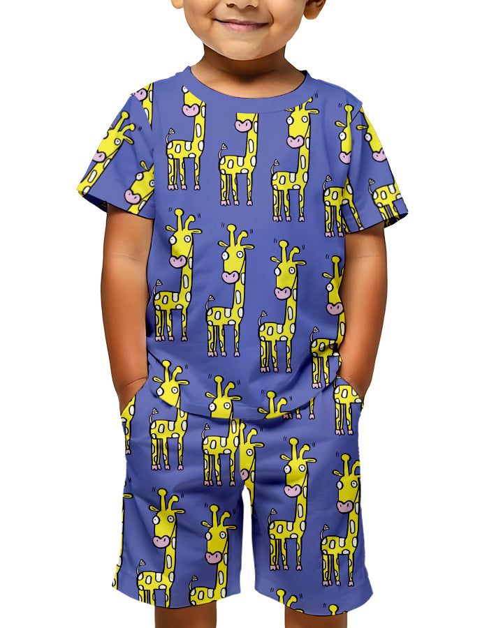 Child wearing Happy Giraffe Kids Co-Ords Set front view showing unisex giraffe printed T-shirt and shorts
