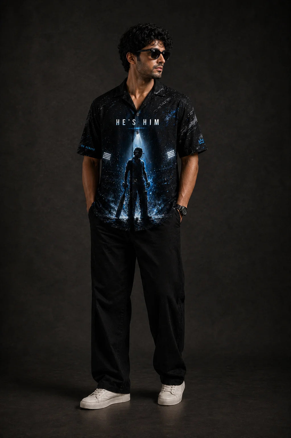 He’s Him Oversized Black Cricket Shirt Full Length Model View Men Loudmouths Collection The Edi Archive India