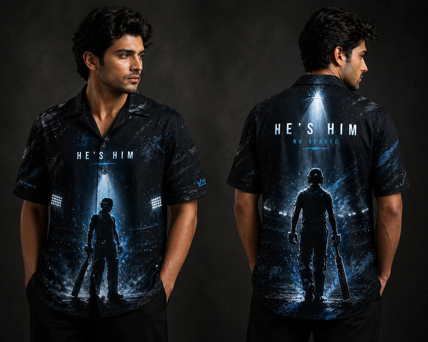 He’s Him Cricket Hawaiian Shirt Black Front and Back View Oversized Men Loudmouths Collection The Edi Archive