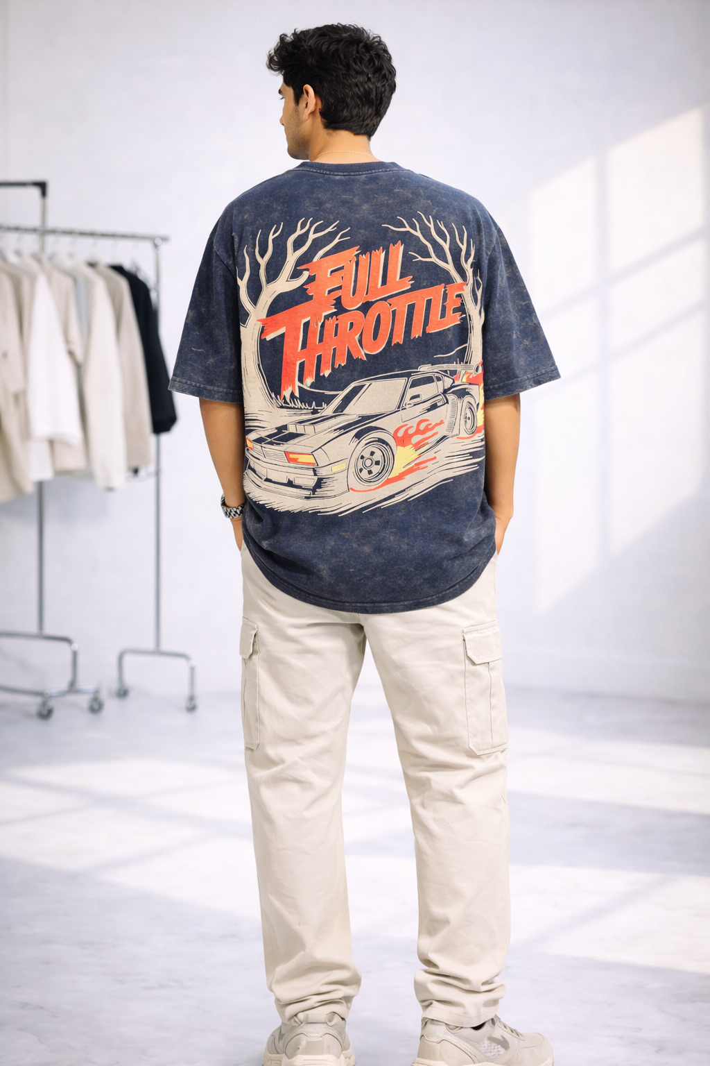 Man in Full Throttle Grey Unisex Puff French Terry Oversize Navy T-Shirt from The Edi Archive's Ctrl+Me collection - Back View