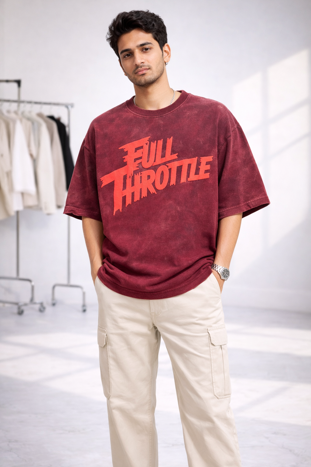 Man in Full Throttle Grey Unisex Puff French Terry Oversize Maroon T-Shirt from The Edi Archive's Ctrl+Me collection 
