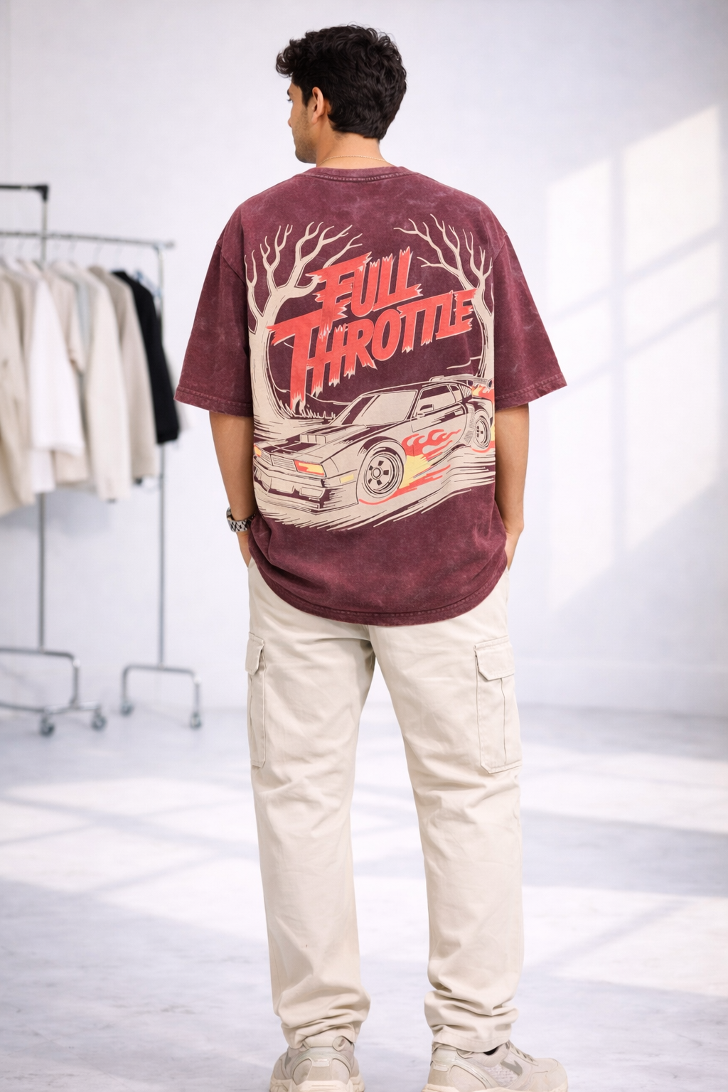 Man in Full Throttle Grey Unisex Puff French Terry Oversize Maroon T-Shirt from The Edi Archive's Ctrl+Me collection - Back View