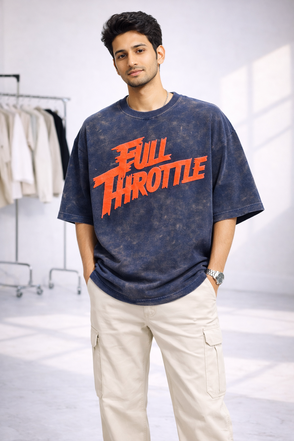 Man in Full Throttle Grey Unisex Puff French Terry Oversize Navy T-Shirt from The Edi Archive's Ctrl+Me collection 