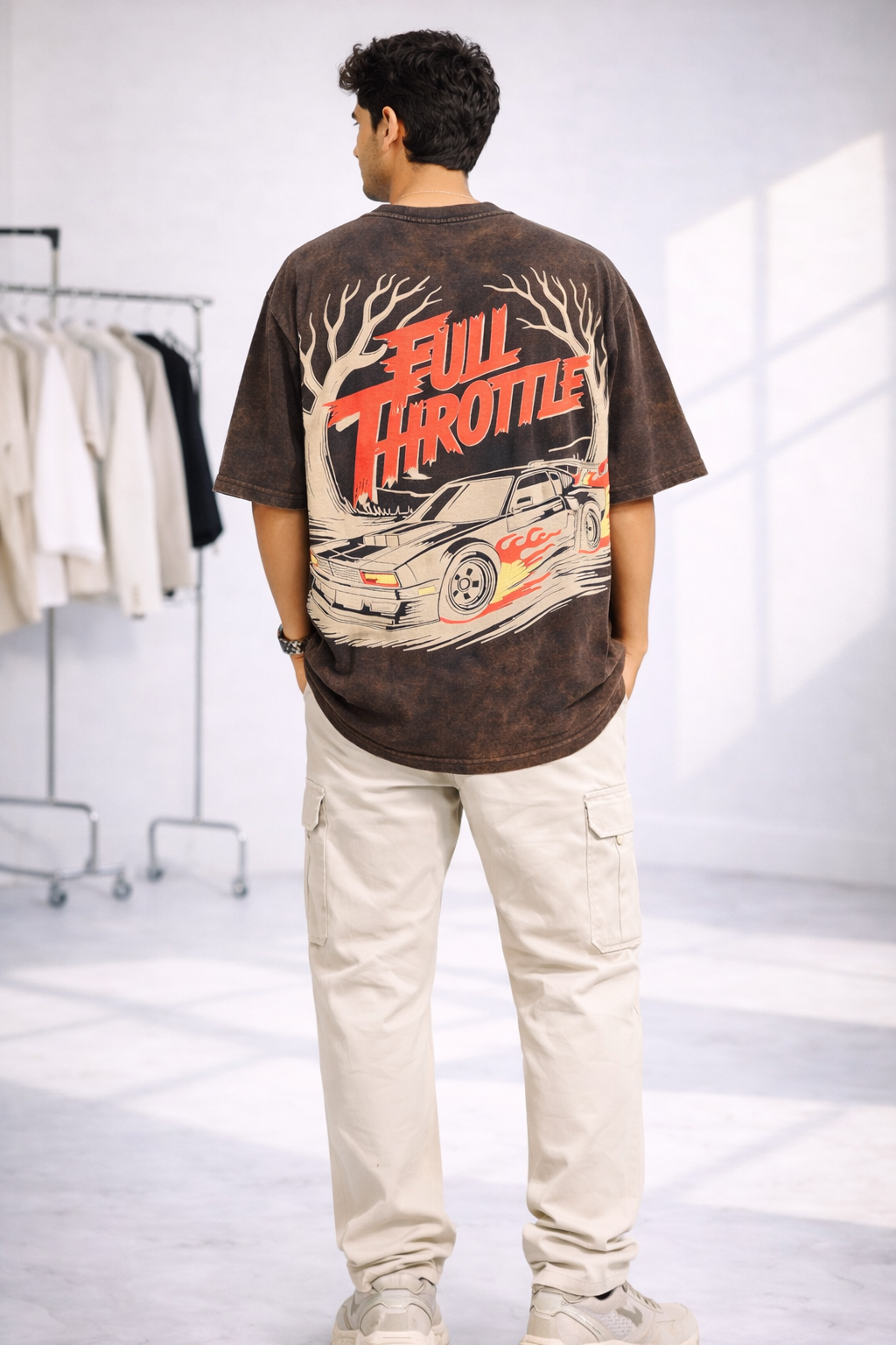 Man in Full Throttle Grey Unisex Puff French Terry Oversize Coffee Brown T-Shirt from The Edi Archive's Ctrl+Me collection - Back view