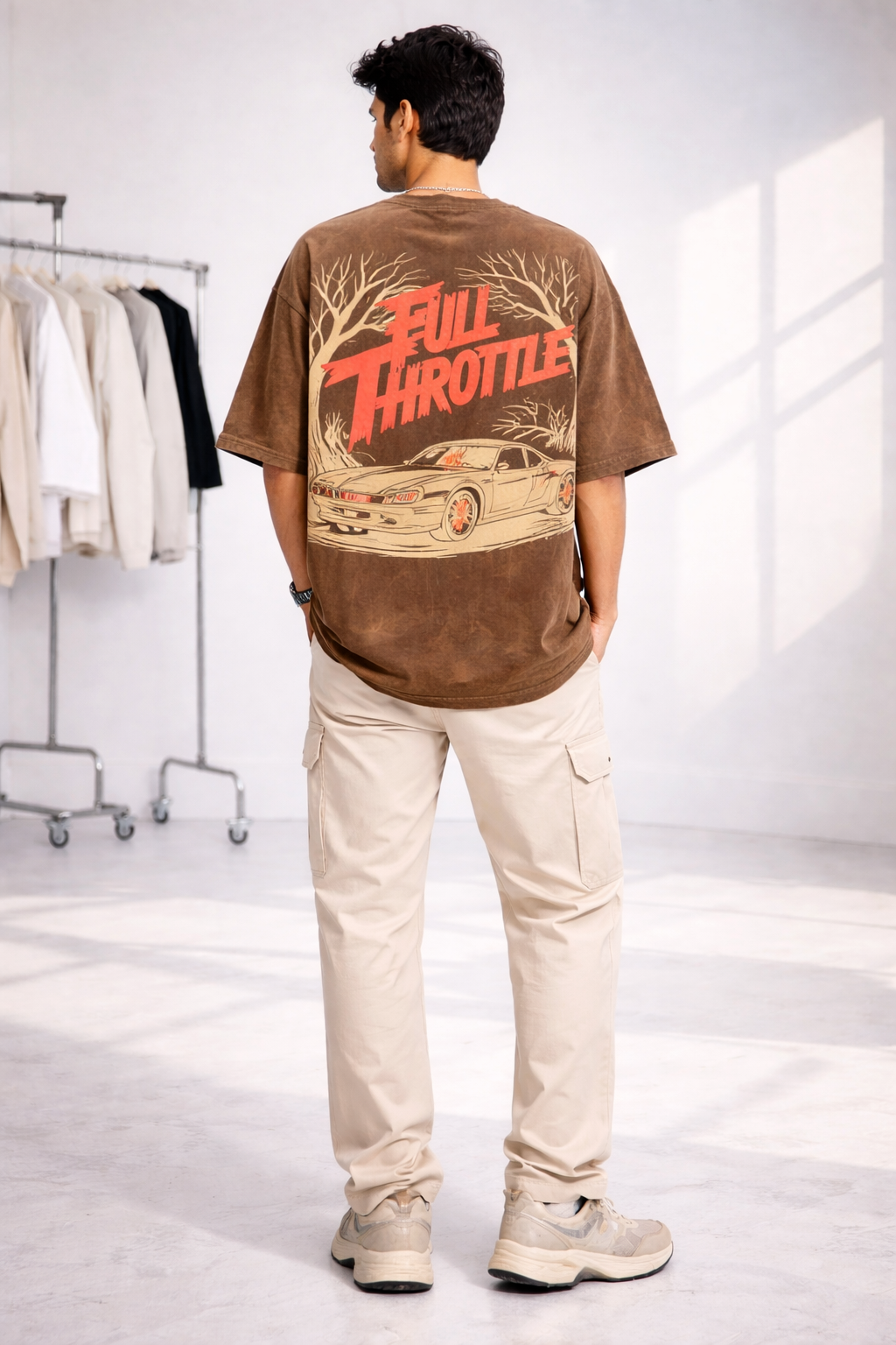 Man in Full Throttle Grey Unisex Puff French Terry Oversize Vintage Brown T-Shirt from The Edi Archive's Ctrl+Me collection - Back view
