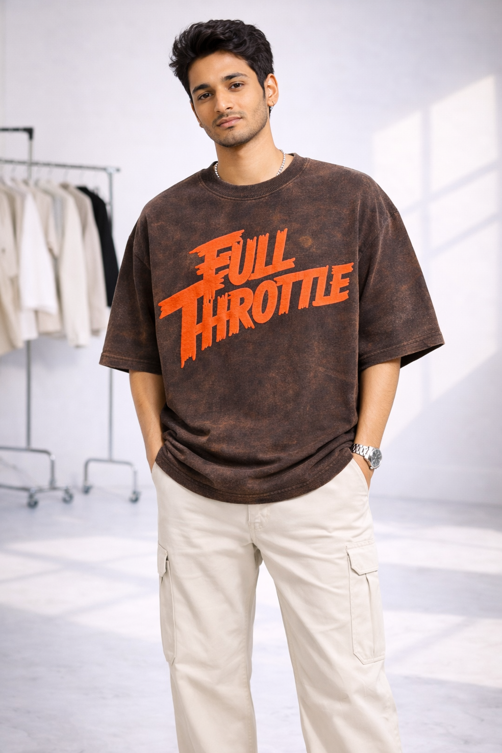 Man in Full Throttle Grey Unisex Puff French Terry Oversize Coffee Brown T-Shirt from The Edi Archive's Ctrl+Me collection 