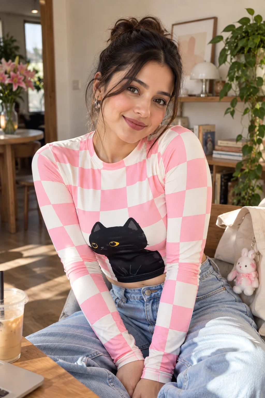 In the Waiting Full Sleeve Workout Crop Top by The Edi Archive, Soft Launch Collection, pink and white checkerboard design with black cat graphic