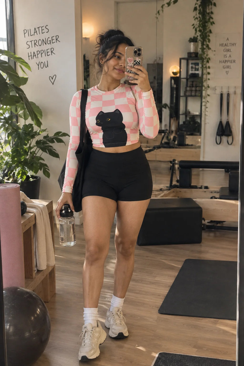 In the Waiting Full Sleeve Workout Crop Top by The Edi Archive, Soft Launch Collection, styled with black workout shorts in a gym