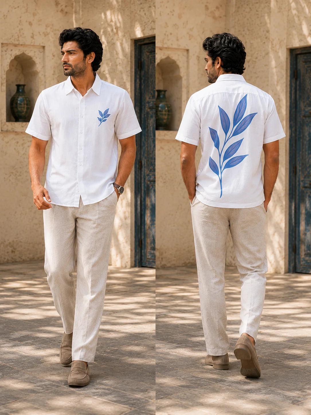 Front and back view of a minimalist white leaf print shirt for men styled with beige linen trousers and loafers, Ink Leaf Hawaiian Shirt, Tropical Drop, The Edi Archive