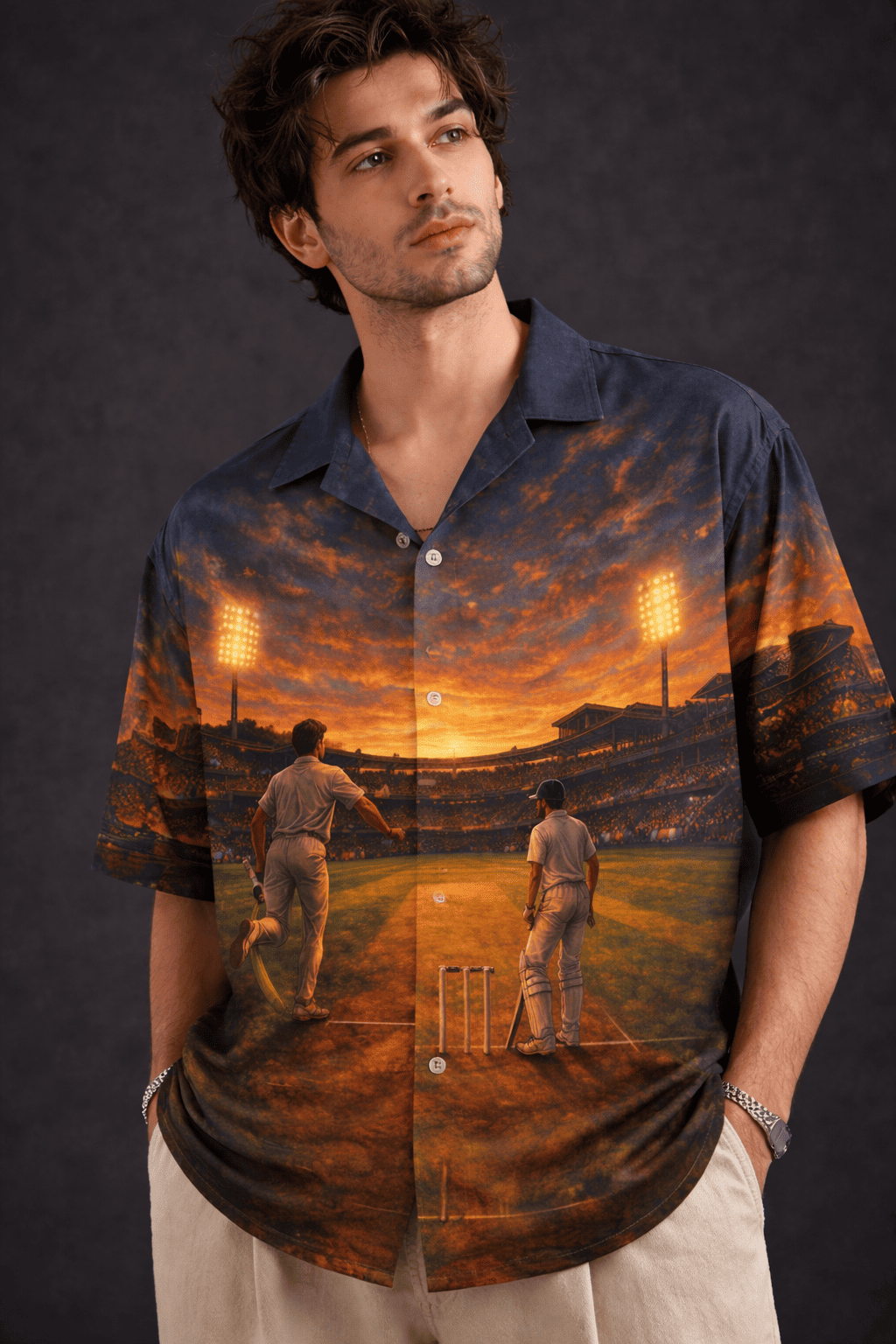 Model wearing "Last Over Men's Hawaiian Shirt" from The Edi Archive's Loudmouths collection - Front close up view