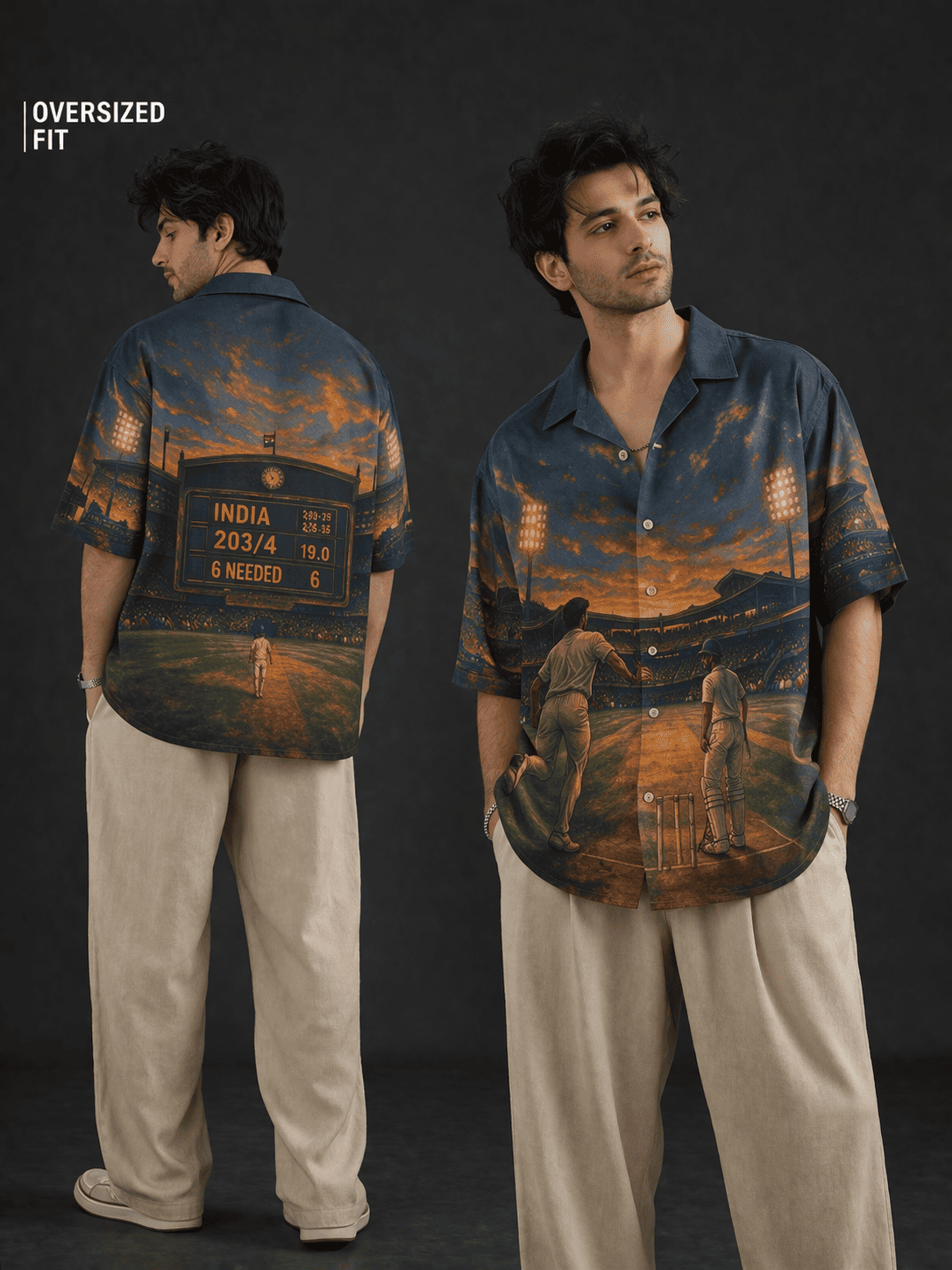 Model wearing "Last Over Men's Hawaiian Shirt" from The Edi Archive's Loudmouths collection - Front close up view