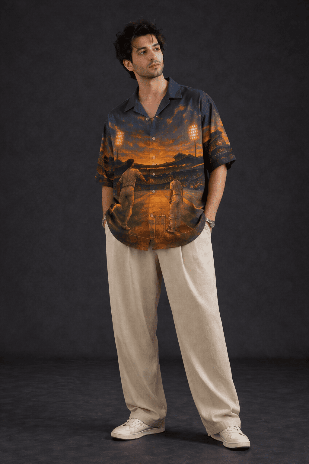 Model wearing "Last Over Men's Hawaiian Shirt" from The Edi Archive's Loudmouths collection - Front view